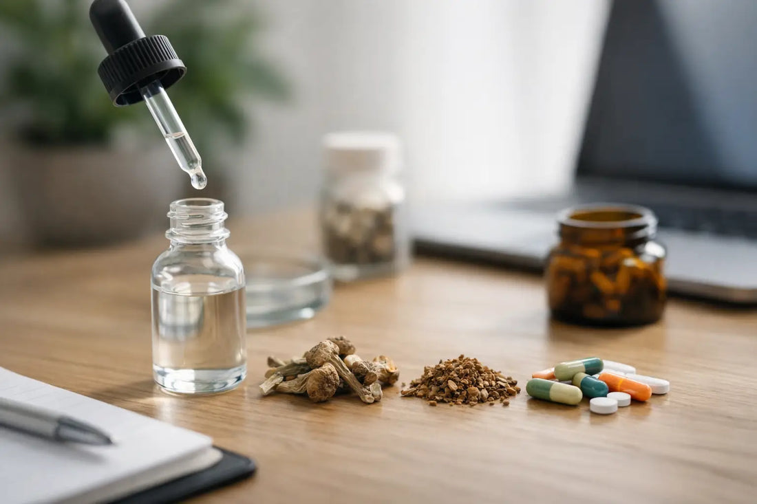Alt Tag: Conta-gotas e frasco com suplemento, cápsulas e ervas sobre a mesa, guia de como escolher protocolo de microdosagem com segurança